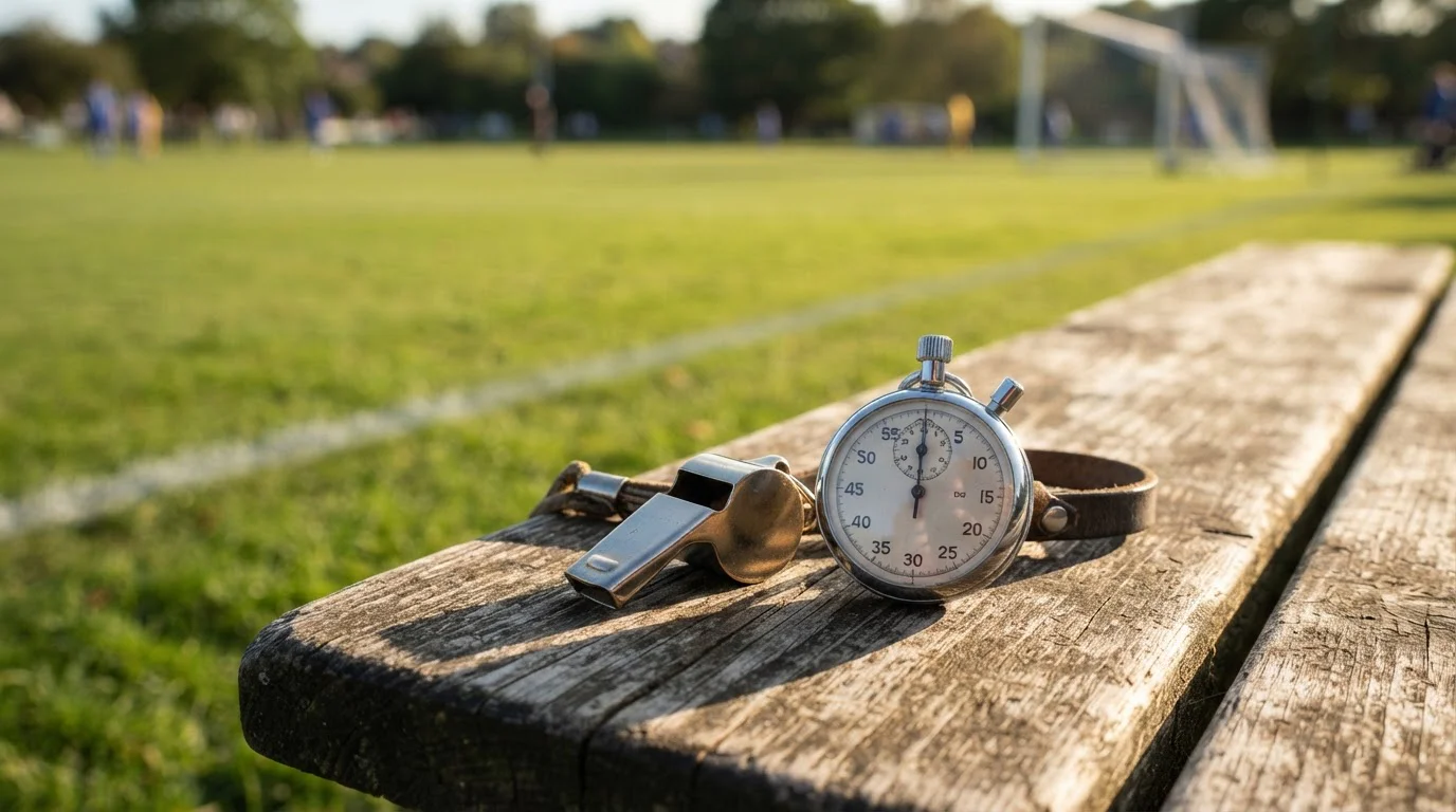 Schiedsrichterpfeife und Stoppuhr auf einer Bank am Rand eines Fußballfelds