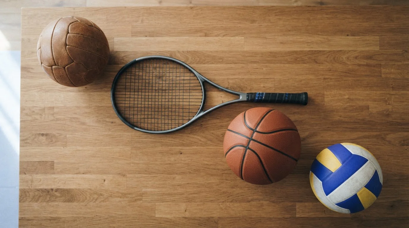 Fußball, Tennisschläger, Basketball und Volleyball auf einem Holztisch von oben