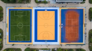 Fußballfeld, Basketballplatz und Tennisplatz als getrennte Flächen aus der Vogelperspektive