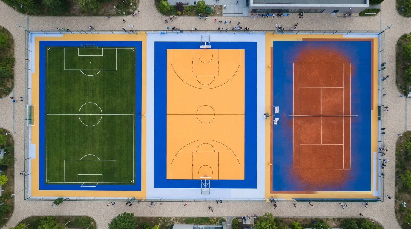 Fußballfeld, Basketballplatz und Tennisplatz als getrennte Flächen aus der Vogelperspektive