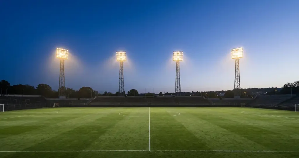 Vier leuchtende Stadionflutlichter über einem Spielfeld in der Abenddämmerung