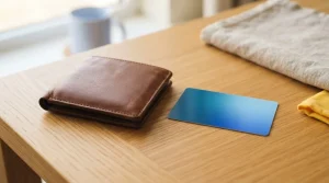 Neutrale Bankkarte neben geschlossenem Lederportemonnaie auf einem hellen Tisch