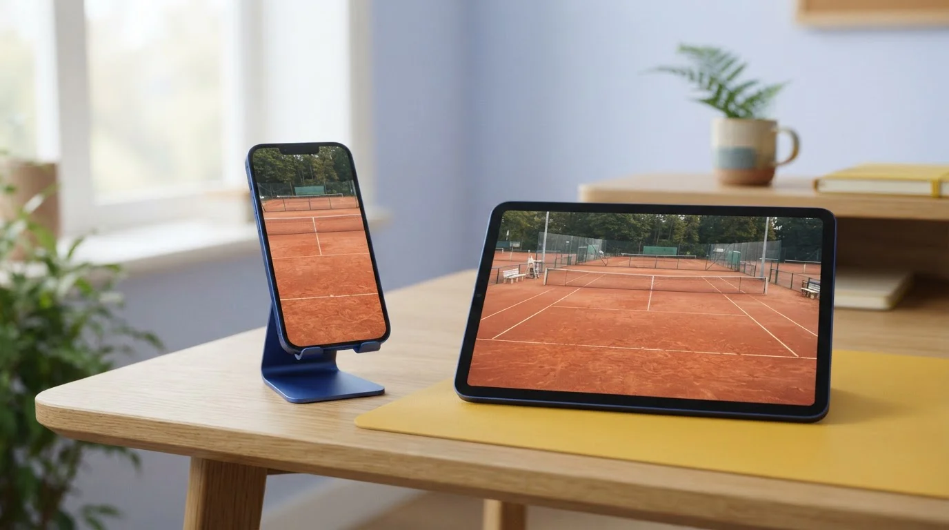 Smartphone und Tablet mit einer Tennisplatzaufnahme auf den Bildschirmen