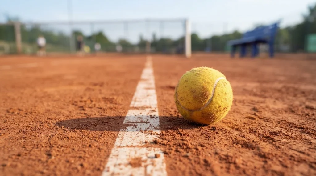 Tennisball unmittelbar an einer Grundlinie auf rotem Sandplatz