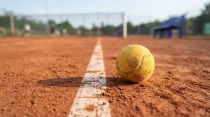 Tennisball unmittelbar an einer Grundlinie auf rotem Sandplatz