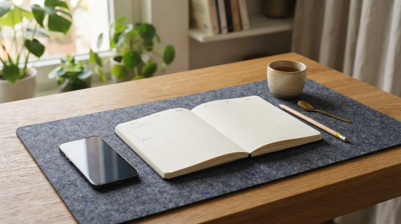 Ausgeschaltetes Smartphone neben einem offenen Wochenplan auf einem Schreibtisch